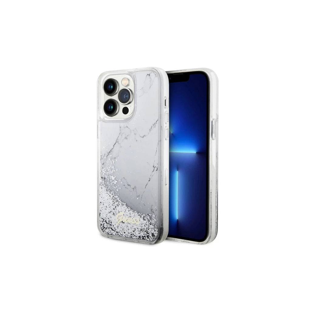 Guess GUHCP14XLCSGSGH iPhone 14 Pro Max 6.7" készülékhez kemény tok Liquid Glitter Marble fehér - iPhone 14 Pro Max tok a Domshop kínálatából
