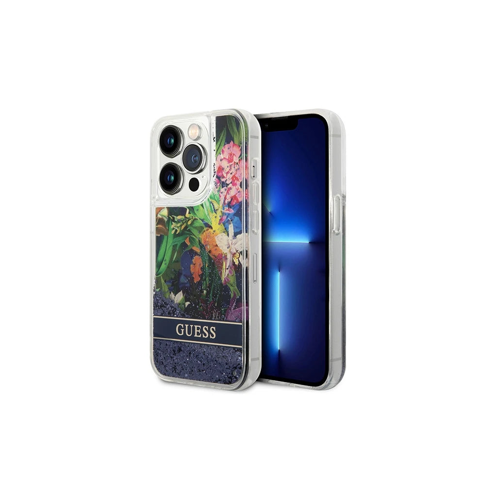Guess GUHCP14XLFLSB iPhone 14 Pro Max 6,7 készülékhez kemény tok Flower Liquid Glitter kék - iPhone 14 Pro Max tok a Domshop kínálatából