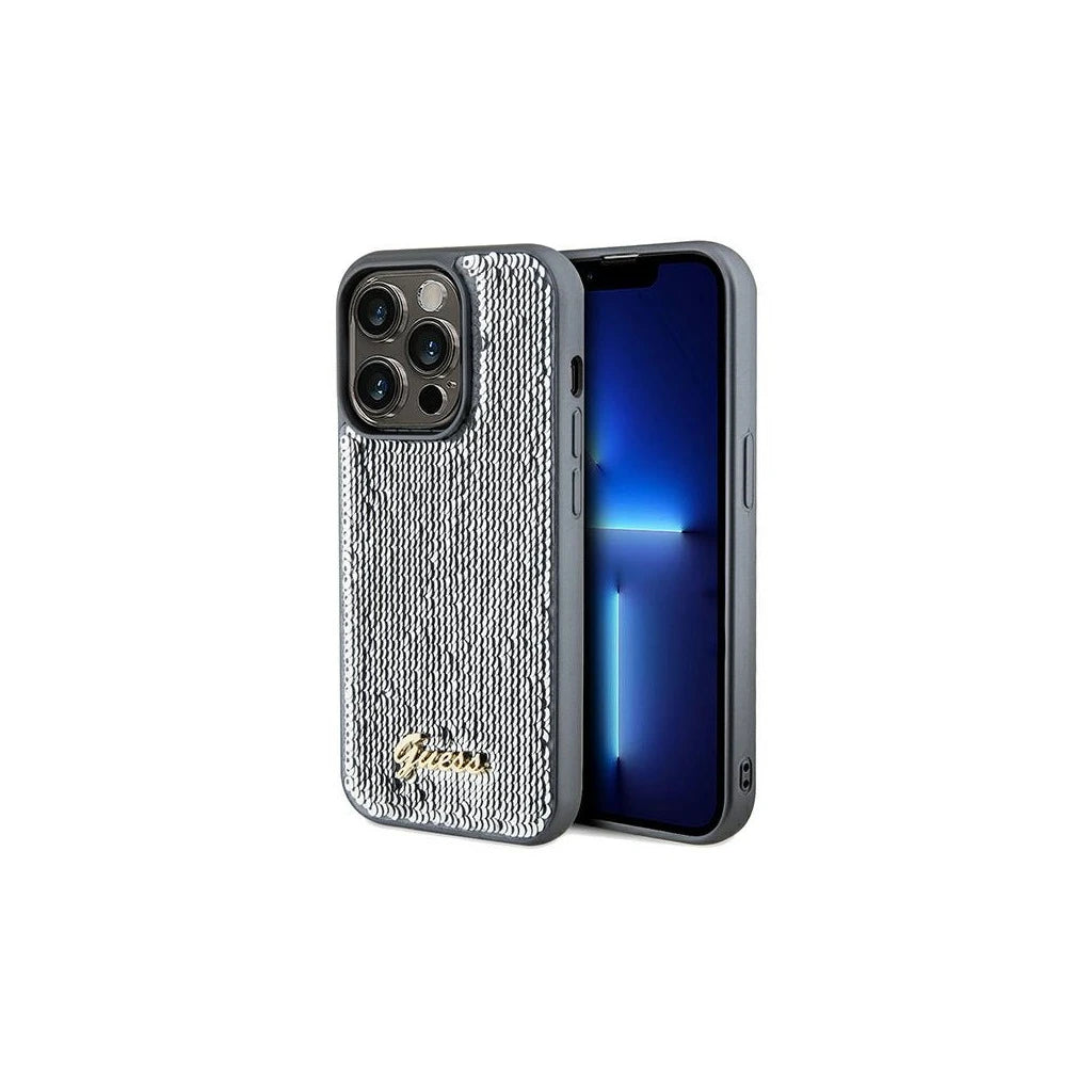 Guess GUHCP14XPSFDGSS iPhone 14 Pro Max 6.7″ készülékhez Sequin Script Metal kemény tok ezüst - iPhone 14 Pro Max tok a Domshop kínálatából