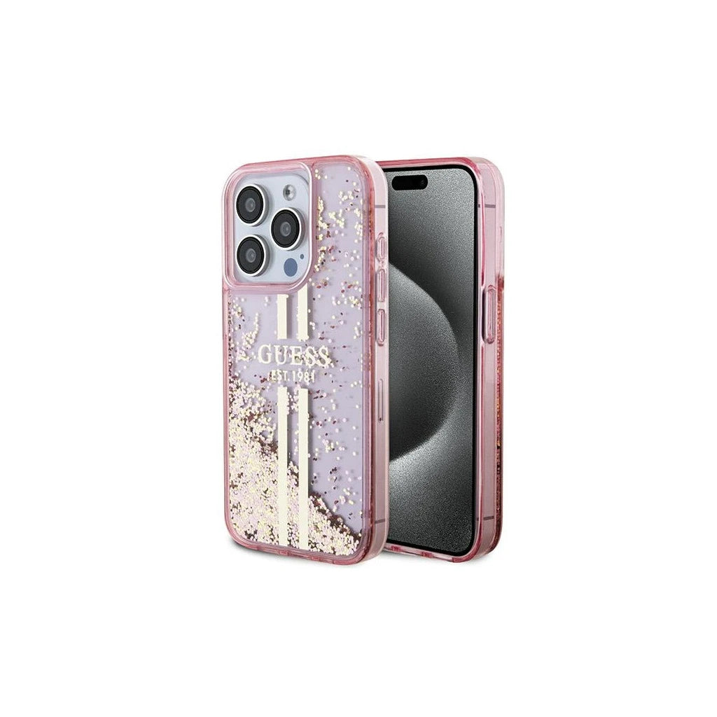Guess GUHCP15LLFCSEGP iPhone 15 Pro 6.1 készülékhez tok Liquid Glitter Gold Stripes rózsaszín - iPhone 15 Pro tok a Domshop kínálatából