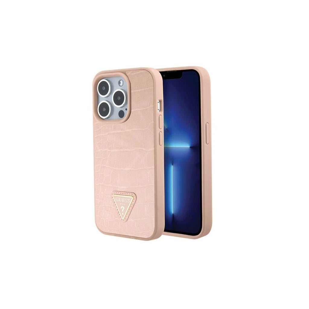 Guess GUHCP15LPCRTHCP iPhone 15 Pro 6.1 készülékhez kemény tok Croco Triangle Metal Logo rózsaszín - iPhone 15 Pro tok a Domshop kínálatából