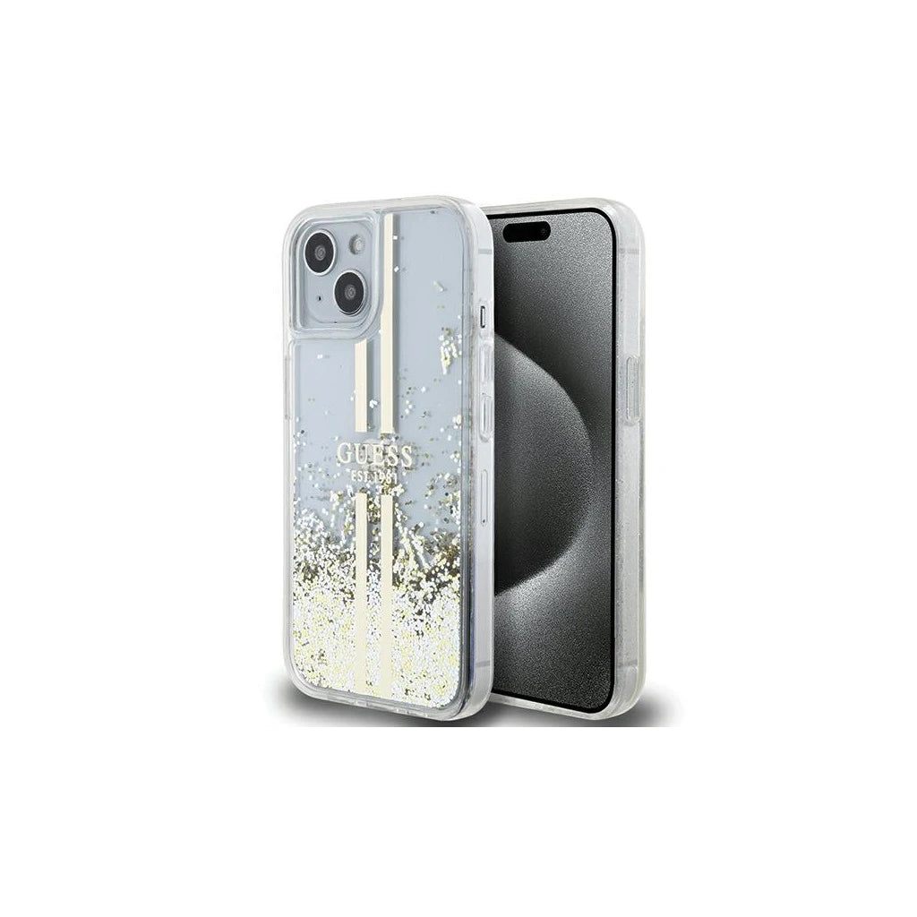 Guess GUHCP15MLFCSEGT iPhone 15 Plus / 14 Plus készülékhez 6.7"-os transzparens kemény tok Liquid Glitter arany csíkos - iPhone 14 Plus/15Plus tok a Domshop kínálatából