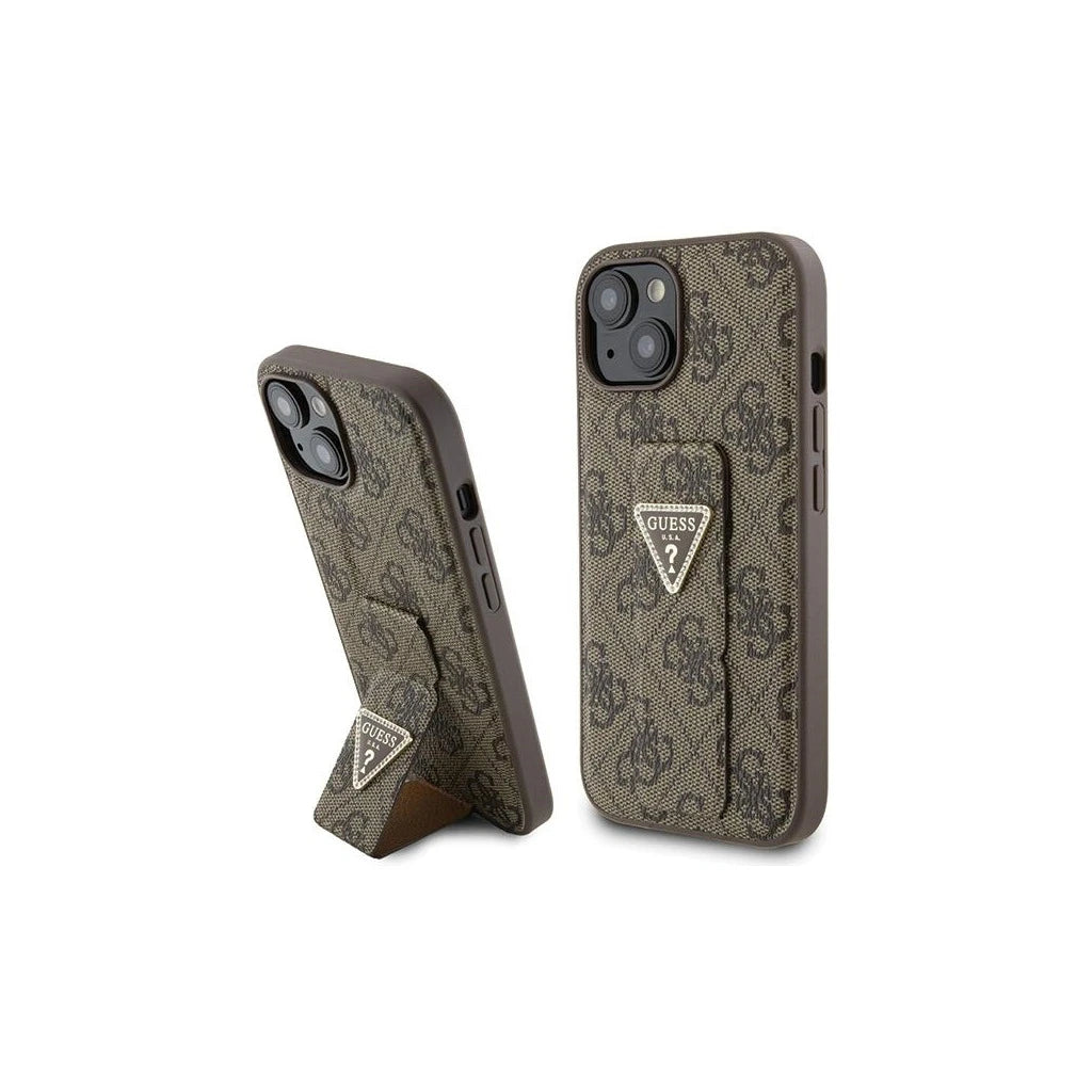 Guess GUHCP15SPGS4TDW iPhone 15/14/13 6.1" készülékhez kemény tok Grip Stand 4G Triangle Strass barna - iPhone 13/14/15 tok a Domshop kínálatából