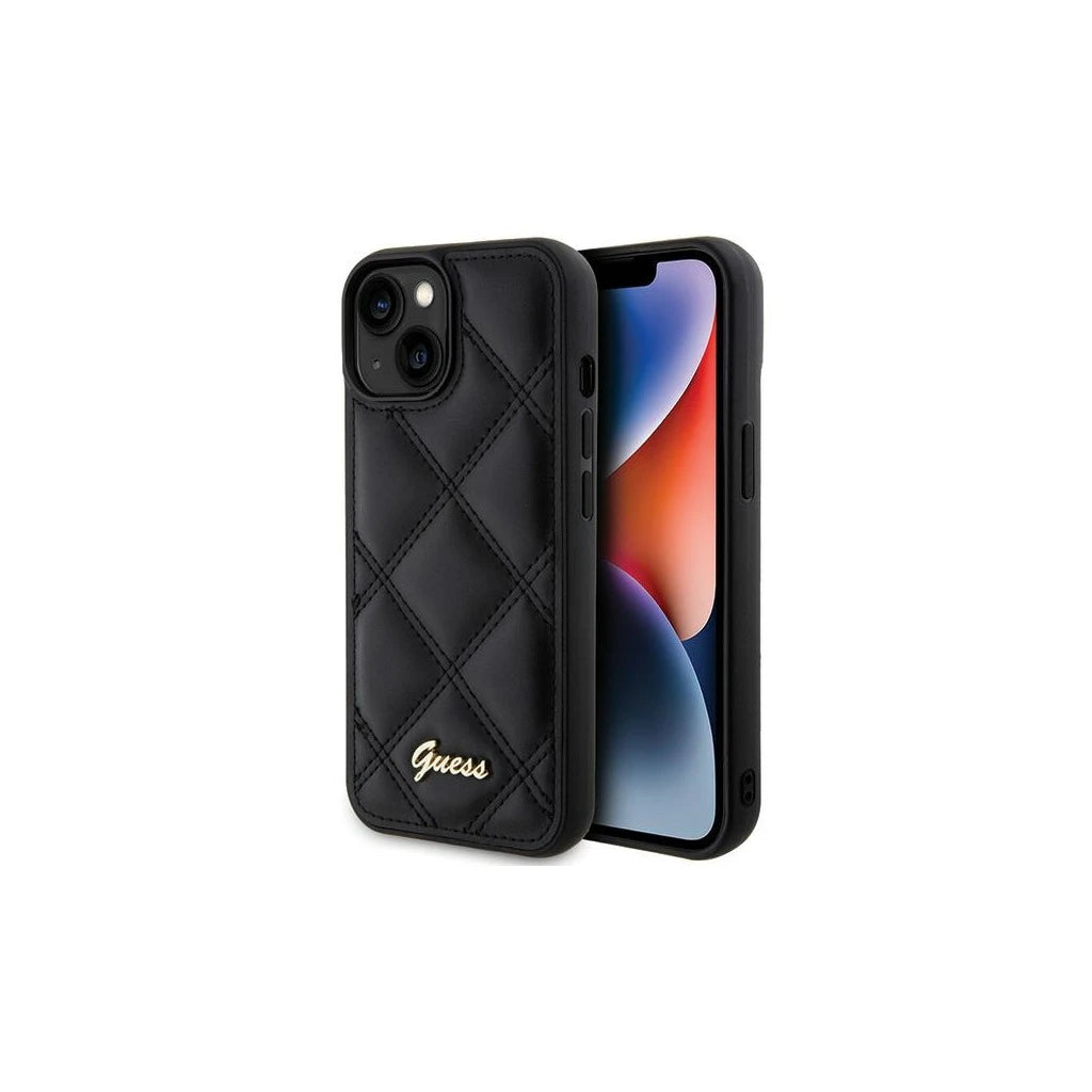 Guess GUHCP15SPSQSQSK iPhone 15/14/13 6.1" készülékhez kemény tok Quilted Metal Logo fekete - iPhone 13/14/15 tok a Domshop kínálatából