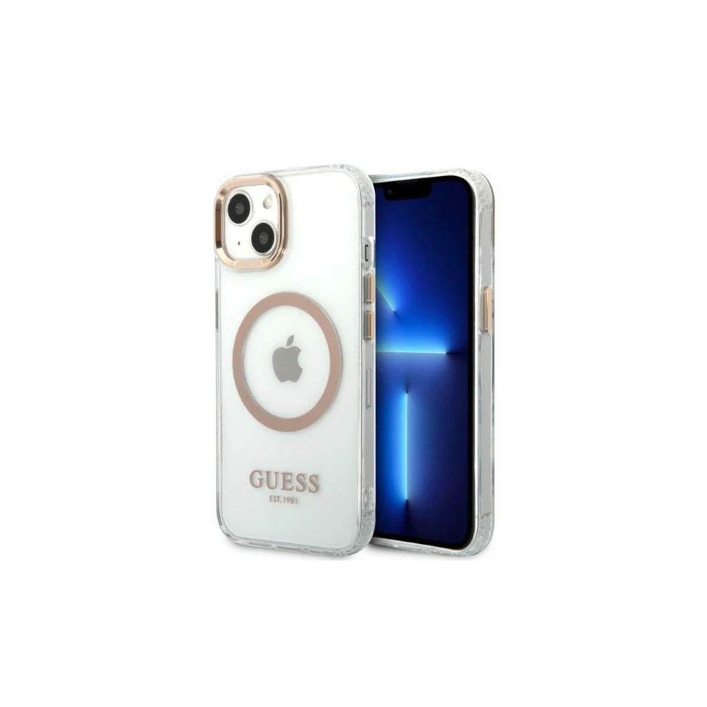 Guess GUHMP13MHTRMD iPhone 13 / 14 / 15 6.1" készülékhez kemény tok Metal Outline Magsafe arany - iPhone 13/14 tok a Domshop kínálatából