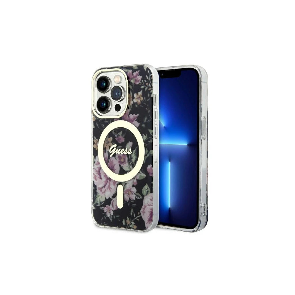 Guess GUHMP14LHCFWSK iPhone 14 Pro készülékhez 6.1″ Flower MagSafe kemény tok fekete - iPhone 14 Pro tok a Domshop kínálatából