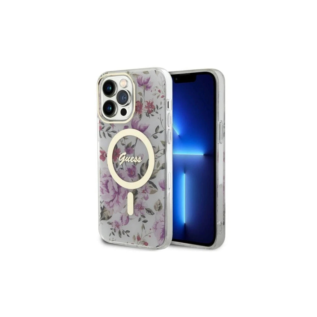 Guess GUHMP14LHCFWST iPhone 14 Pro 6.1 készülékhez kemény tok Flower MagSafe átlátszó - iPhone 14 Pro tok a Domshop kínálatából