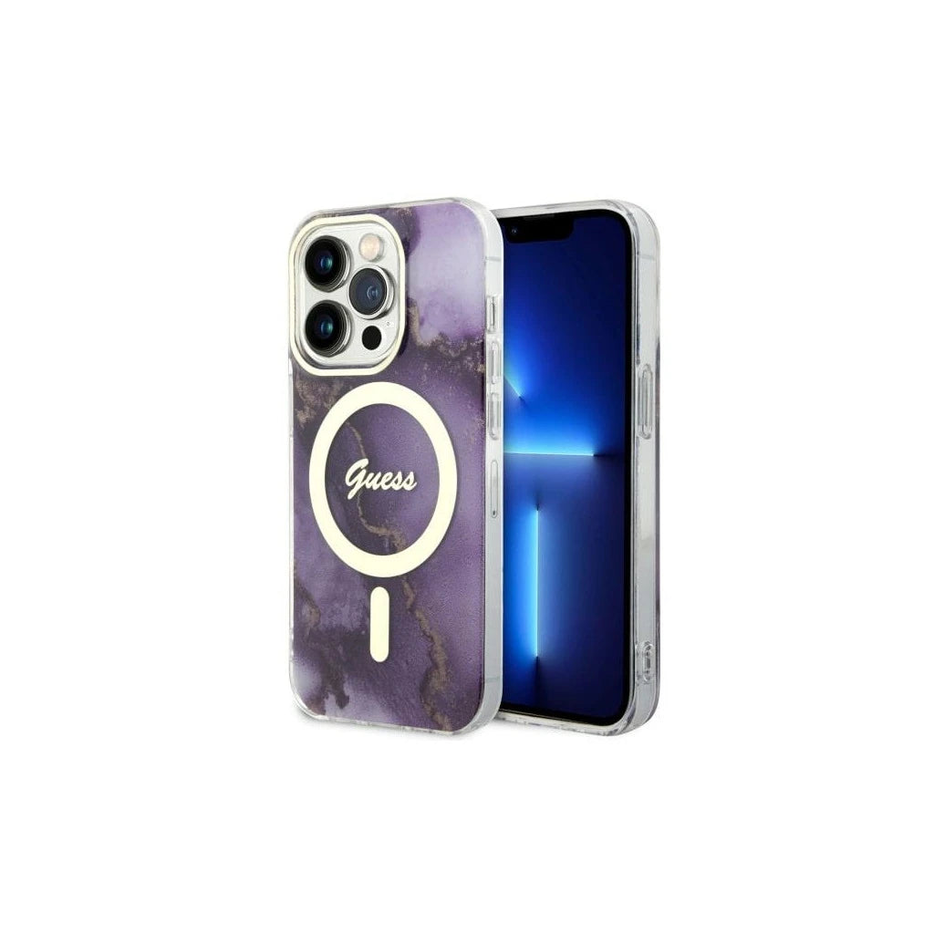 Guess GUHMP14LHTMRSU iPhone 14 Pro 6.1 készülékhez kemény tok Golden Marble MagSafe lila - iPhone 14 Pro tok a Domshop kínálatából