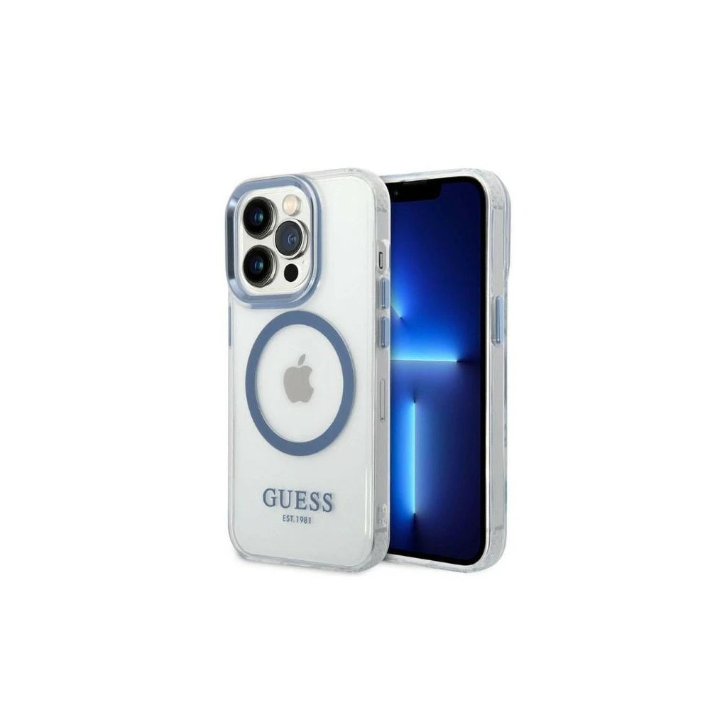 Guess GUHMP14LHTRMB iPhone 14 Pro 6,1 készülékhez kemény tok Metal Outline Magsafe kék - iPhone 14 Pro tok a Domshop kínálatából