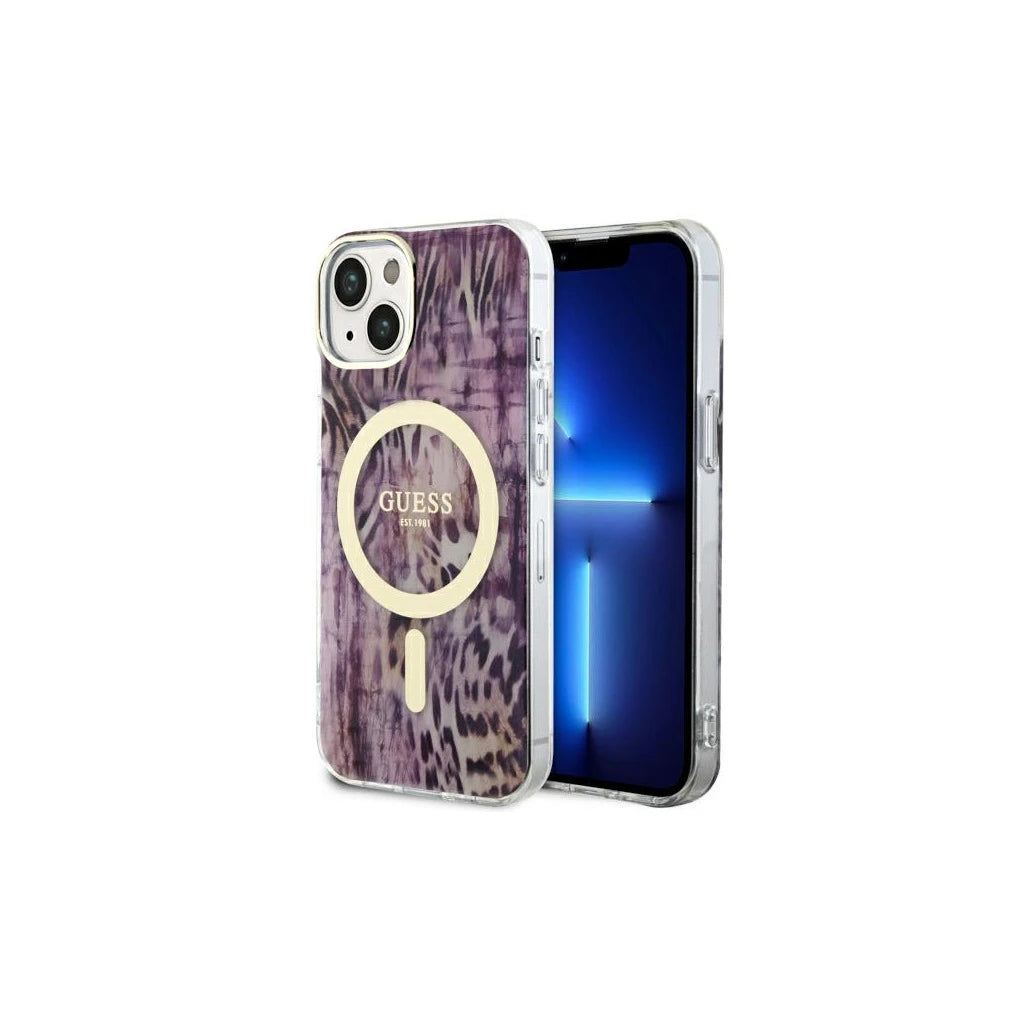 Guess GUHMP14SHLEOPWP iPhone 14 / 15 / 13 6.1 készülékhez készült kemény tok Leopard MagSafe rózsaszín - iPhone 13/14/15 tok a Domshop kínálatából