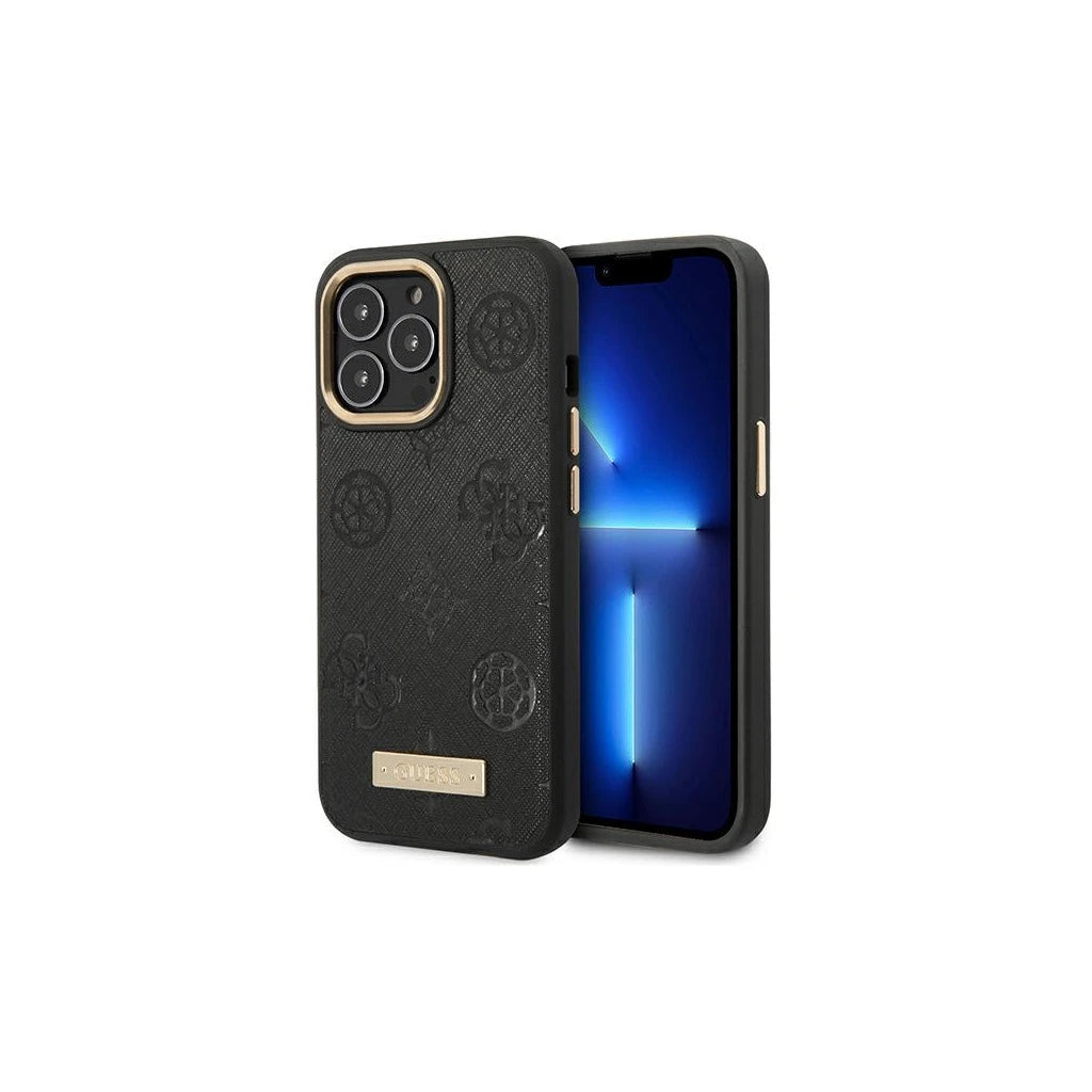 Guess GUHMP14XSAPSTK iPhone 14 Pro Max 6.7" készülékhez kemény tok Peony Logo Plate MagSafe fekete - iPhone 14 Pro Max tok a Domshop kínálatából