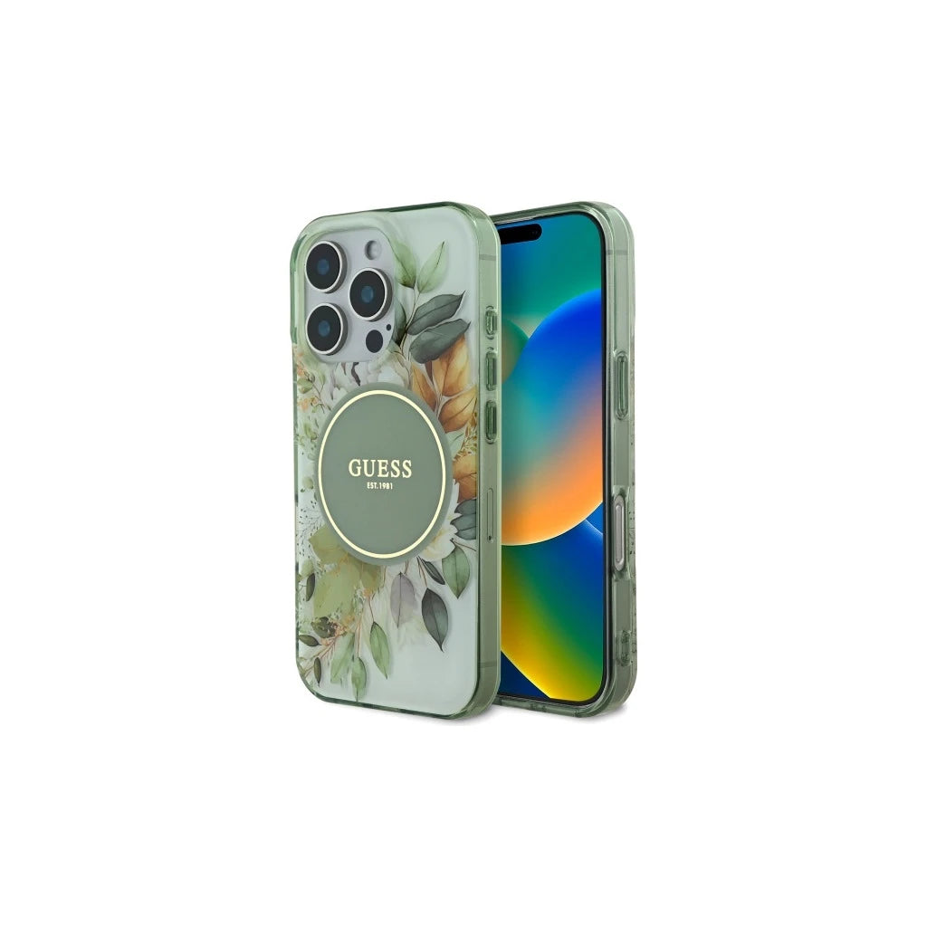 Guess GUHMP16LHFWBDCEN iPhone 16 Pro készülékhez 6,3 hüvelykes kemény tok IML Flower & Tonal Circle MagSafe zöld - iPhone 16 Pro tok a Domshop kínálatából