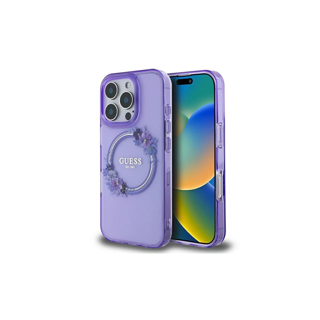 Guess GUHMP16LHFWFCU iPhone 16 Pro készülékhez 6.3" kemény tok IML Flowers Wreath MagSafe lila - iPhone 16 Pro tok a Domshop kínálatából