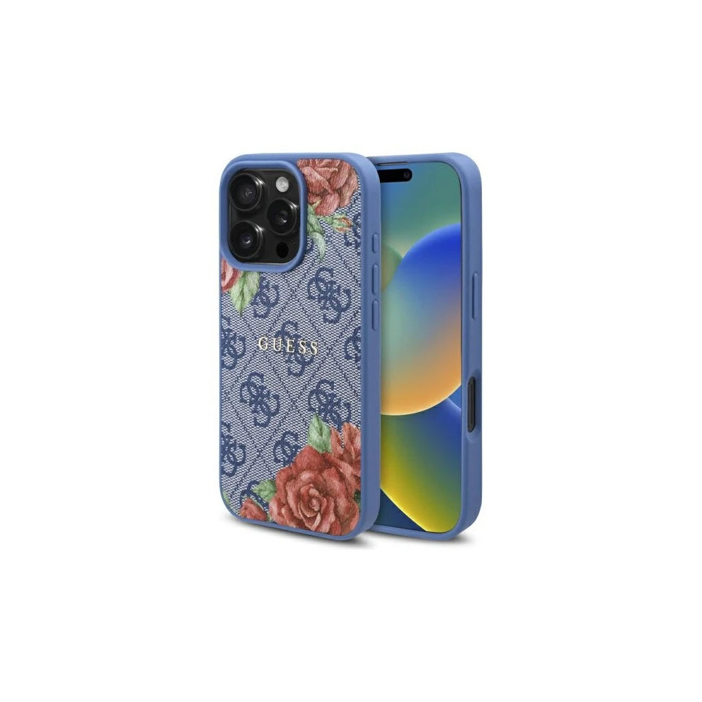Guess GUHMP16LP4ROPEMCB iPhone 16 Pro 6.3 készülékhez kemény tok, 4G Flowers Print, MagSafe, kék - iPhone 16 Pro tok a Domshop kínálatából