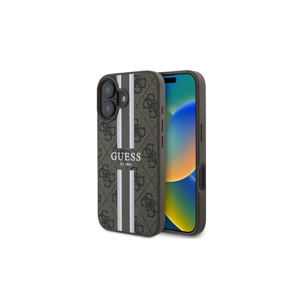 Guess GUHMP16MP4RPSW iPhone 16 Plus 6.7" készülékhez 4G Printed Stripes MagSafe kemény tok barna - iPhone 16 Plus tok a Domshop kínálatából