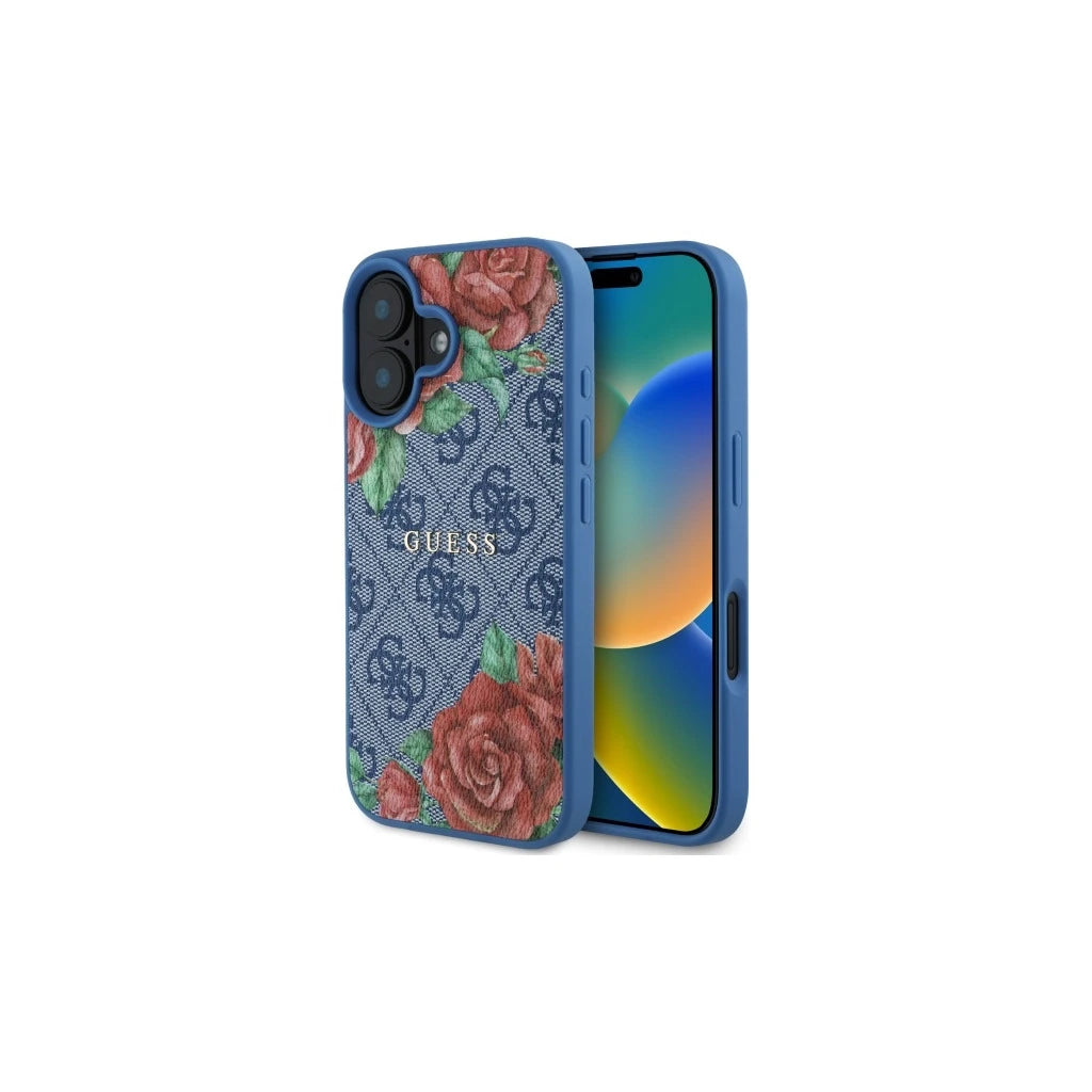 Guess GUHMP16SP4ROPEMCB iPhone 16 6.1" készülékhez kemény tok 4G Flowers Print MagSafe kék - iPhone 16 tok a Domshop kínálatából