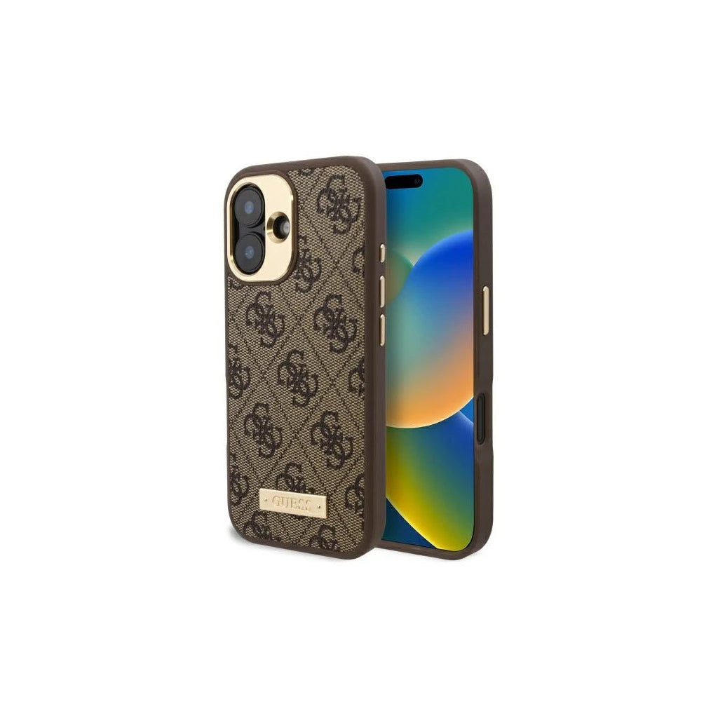 Guess GUHMP16SU4GPRW iPhone 16 6.1" készülékhez kemény tok 4G Logo Plate MagSafe barna - iPhone 16 tok a Domshop kínálatából