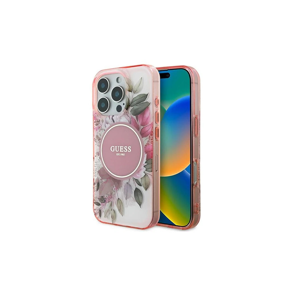 Guess GUHMP16XHFWBDCEP iPhone 16 Pro Max 6.9" készülékhez kemény tok IML Flower & Tonal Circle MagSafe rózsaszín - iPhone 16 Pro Max tok a Domshop kínálatából