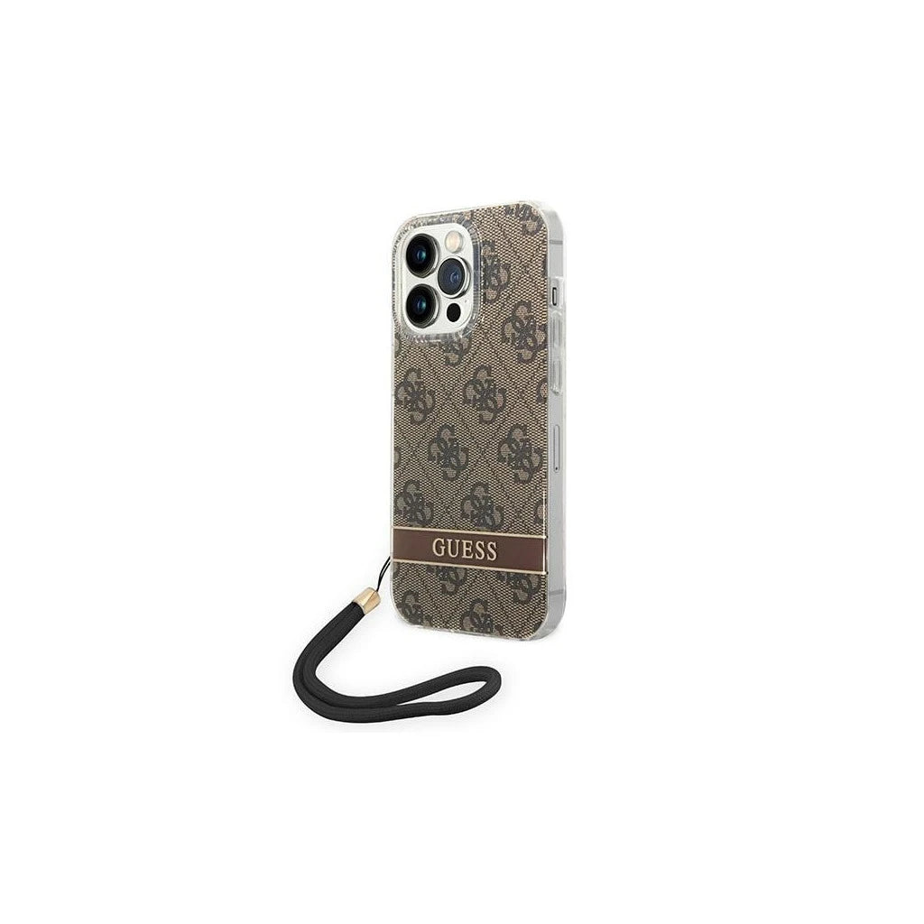 Guess GUOHCP14LH4STW iPhone 14 Pro 6,1 készülékhez kemény tok 4G Print Strap barna - iPhone 14 Pro tok a Domshop kínálatából