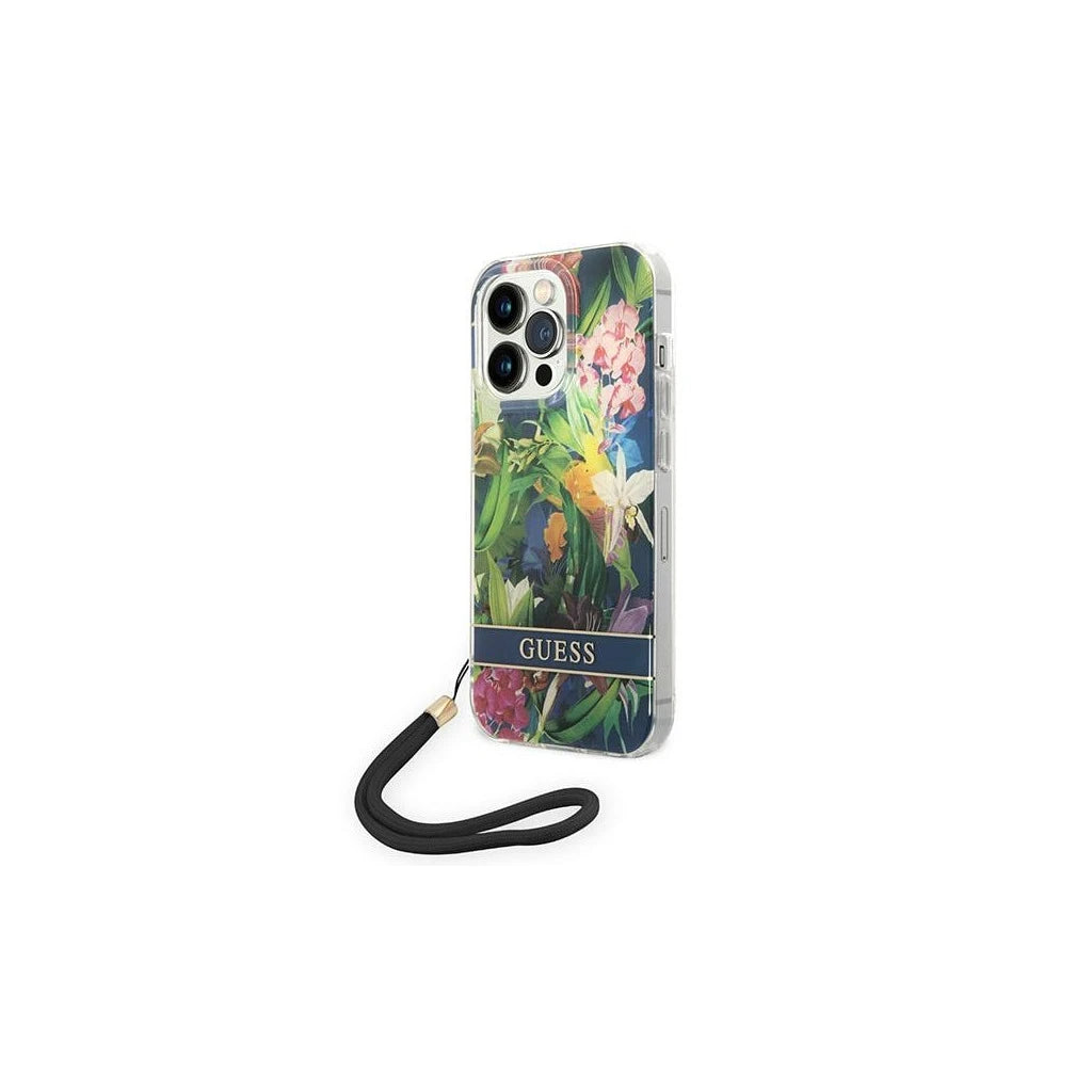 Guess GUOHCP14XHFLSB iPhone 14 Pro Max 6,7” készülékhez kemény tok Flower Strap kék - iPhone 14 Pro Max tok a Domshop kínálatából