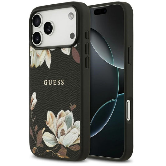 Guess Grained Flowers Classic Logo Apple iPhone 17 Pro Max MagSafe tok, virág minta, fekete - iPhone 17 Pro Max tok a Domshop kínálatából