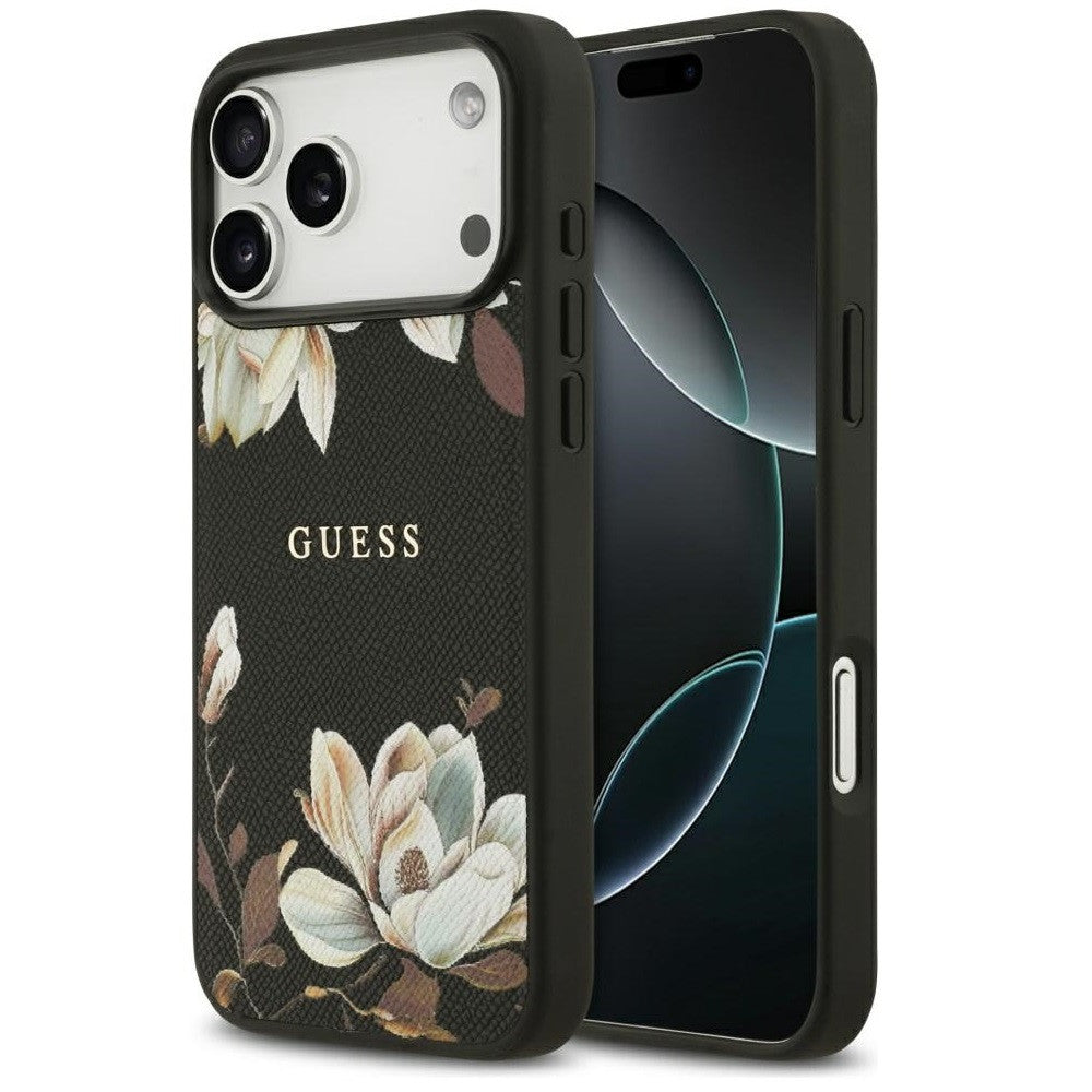 Guess Grained Flowers Classic Logo Apple iPhone 17 Pro Max MagSafe tok, virág minta, fekete - iPhone 17 Pro Max tok a Domshop kínálatából