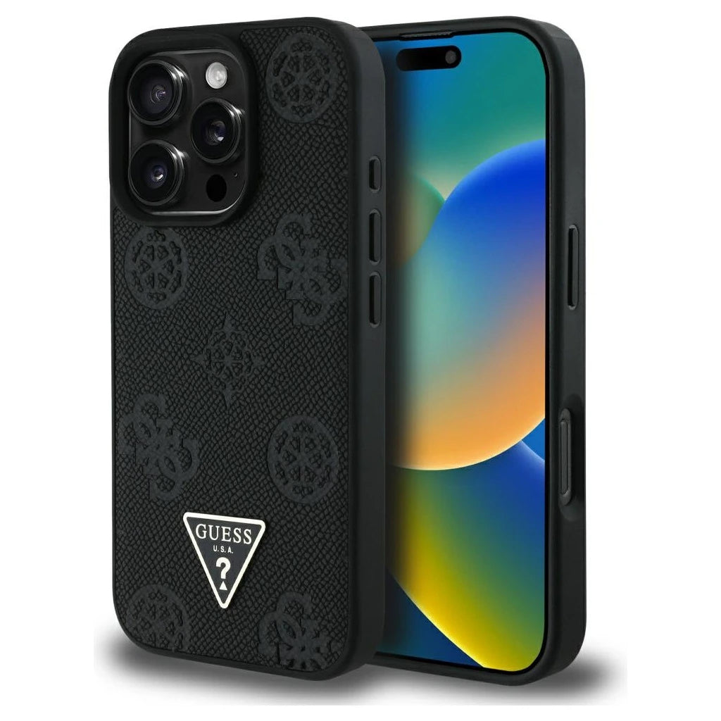 Guess Grained Hot Stamp Peony Triangle Logo MagSafe tok iPhone 16 Pro készülékhez fekete - iPhone 16 Pro tok a Domshop kínálatából