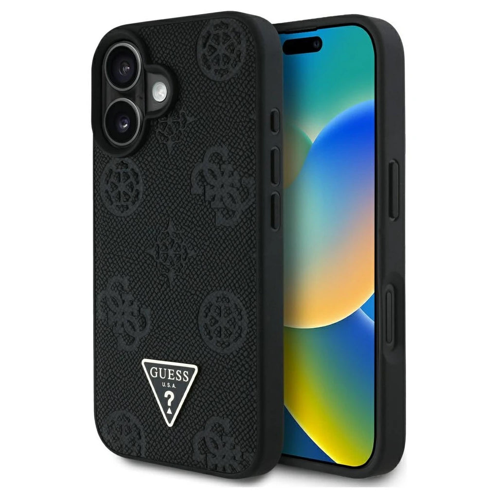 Guess Grained Hot Stamp Peony Triangle Logo MagSafe tok iPhone 16 készülékhez fekete - iPhone 16 tok a Domshop kínálatából