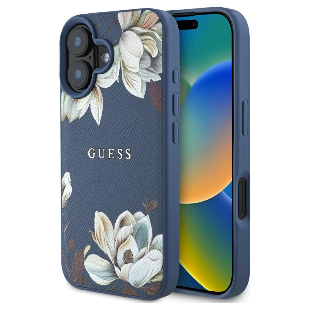 Guess Grained Printed Flower Pattern MagSafe tok iPhone 16 készülékhez kék - iPhone 16 tok a Domshop kínálatából