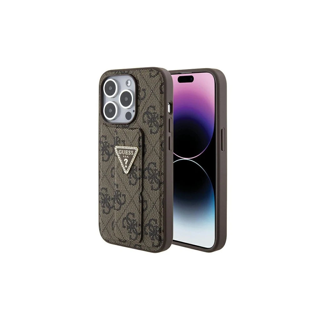 Guess Grip Stand 4G Triangle Strass keménytok iPhone 15 Pro 6.1" készülékhez barna - iPhone 15 Pro tok a Domshop kínálatából