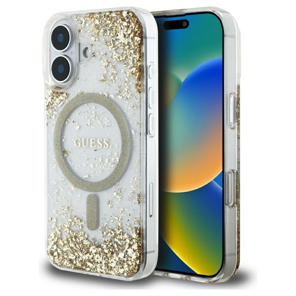 Guess HC Resin Bottom Glitter tok iPhone 16 készülékhez MagSafe arany - iPhone 16 tok a Domshop kínálatából