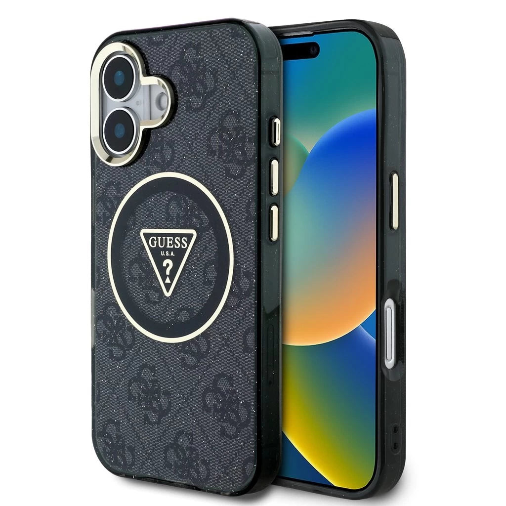 Guess IML 4G Glitter and Triangle Logo MagSafe tok iPhone 16 készülékhez fekete - iPhone 16 tok a Domshop kínálatából