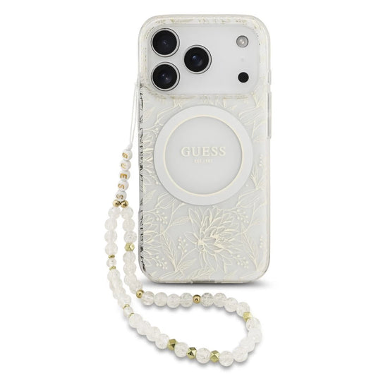 Guess IML Flowers Allover Strap MagSafe Tok iPhone 17 Pro készülékhez fehér - iPhone 17 Pro tok a Domshop kínálatából