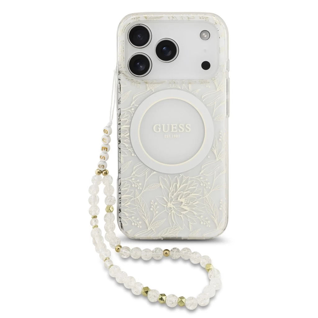 Guess IML Flowers Allover Strap MagSafe Tok iPhone 17 Pro készülékhez fehér - iPhone 17 Pro tok a Domshop kínálatából