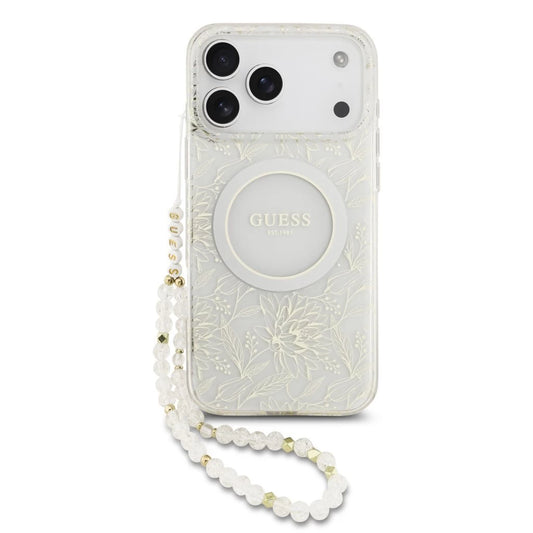 Guess IML Flowers Allover Strap MagSafe tok iPhone 17 Pro Max készülékhez fehér - iPhone 17 Pro Max tok a Domshop kínálatából