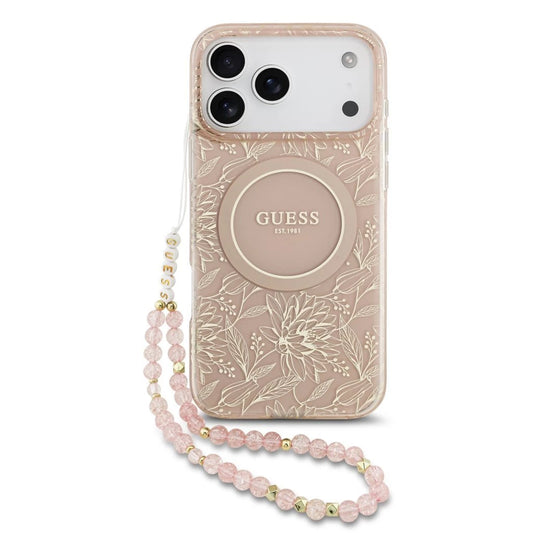 Guess IML Flowers Allover Strap MagSafe tok iPhone 17 Pro Max készülékhez rózsaszín - iPhone 17 Pro Max tok a Domshop kínálatából