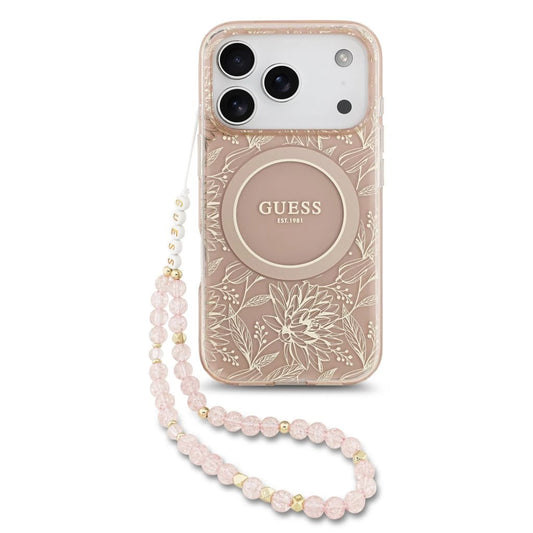 Guess IML Flowers Allover Strap MagSafe tok iPhone 17 Pro készülékhez rózsaszín - iPhone 17 Pro tok a Domshop kínálatából