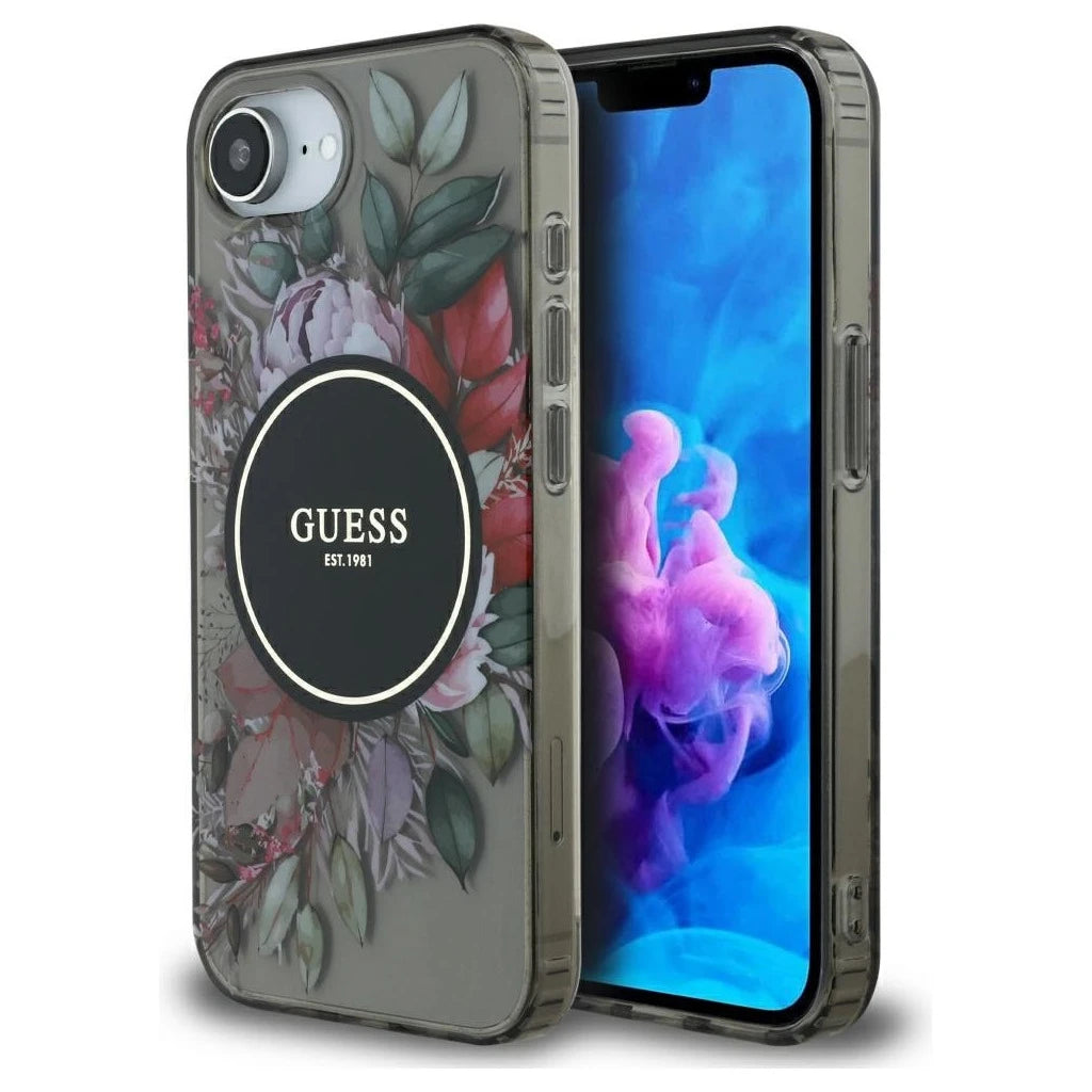 Guess IML Flowers MagSafe tok iPhone 16e készülékhez fekete - iPhone 16 tok a Domshop kínálatából