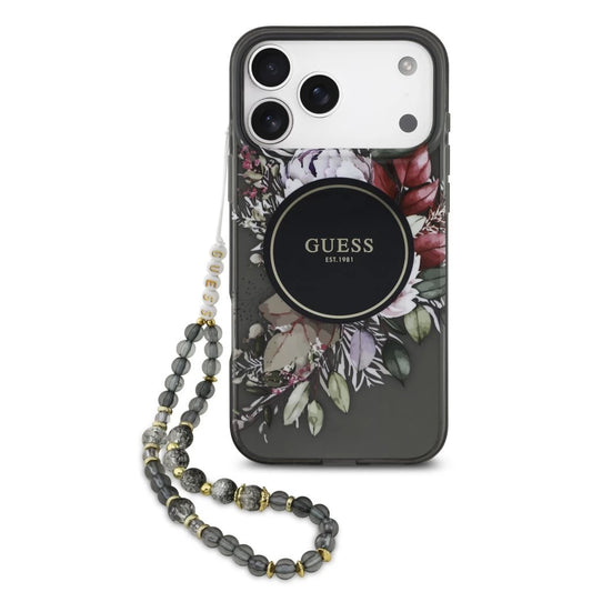 Guess IML Flowers Strap MagSafe tok iPhone 17 Pro Max készülékhez fekete - iPhone 17 Pro Max tok a Domshop kínálatából