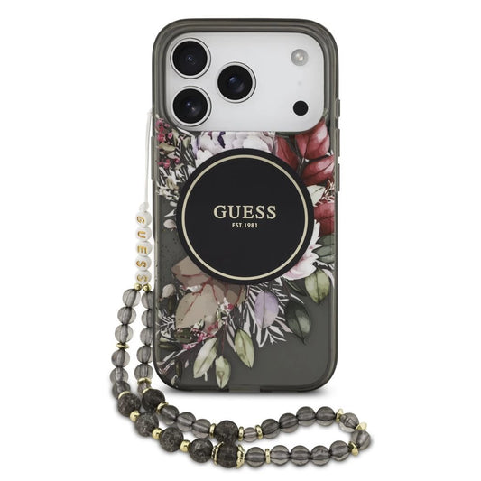 Guess IML Flowers Strap MagSafe tok iPhone 17 Pro készülékhez fekete - iPhone 17 Pro tok a Domshop kínálatából