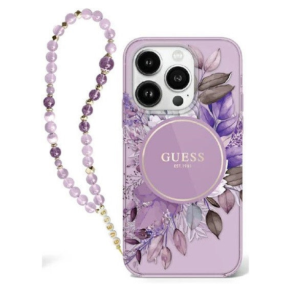 Guess IML Flowers iPhone 16 Pro Max kemény hátlap tok karpánttal, lila GUHMP16XHFWBRCESU - iPhone 16 Pro Max tok a Domshop kínálatából