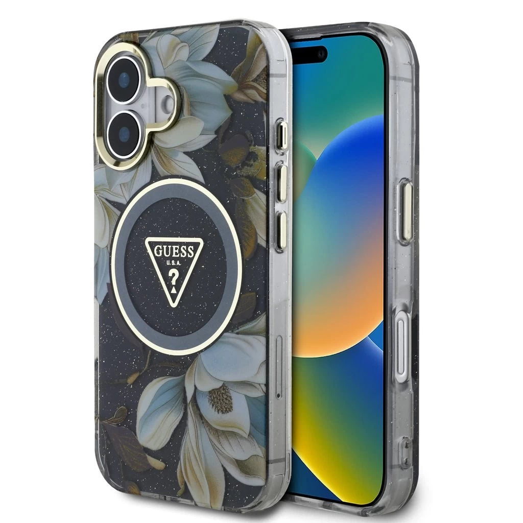 Guess IML Glitter Magnolia and Triangle Logo MagSafe tok iPhone 16 készülékhez fekete - iPhone 16 tok a Domshop kínálatából