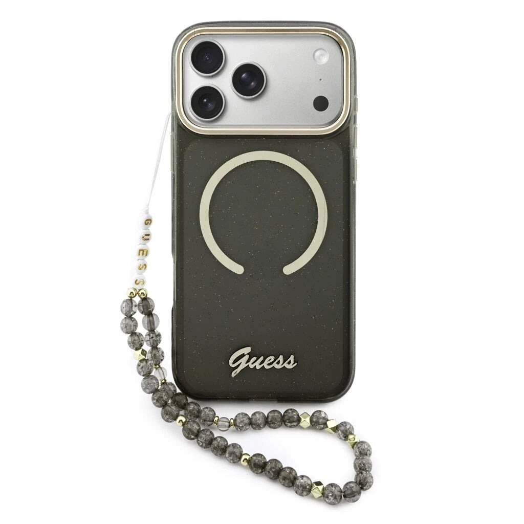Guess IML Glitter Script Strap MagSafe tok iPhone 17 Pro Max készülékhez fekete - iPhone 17 Pro Max tok a Domshop kínálatából