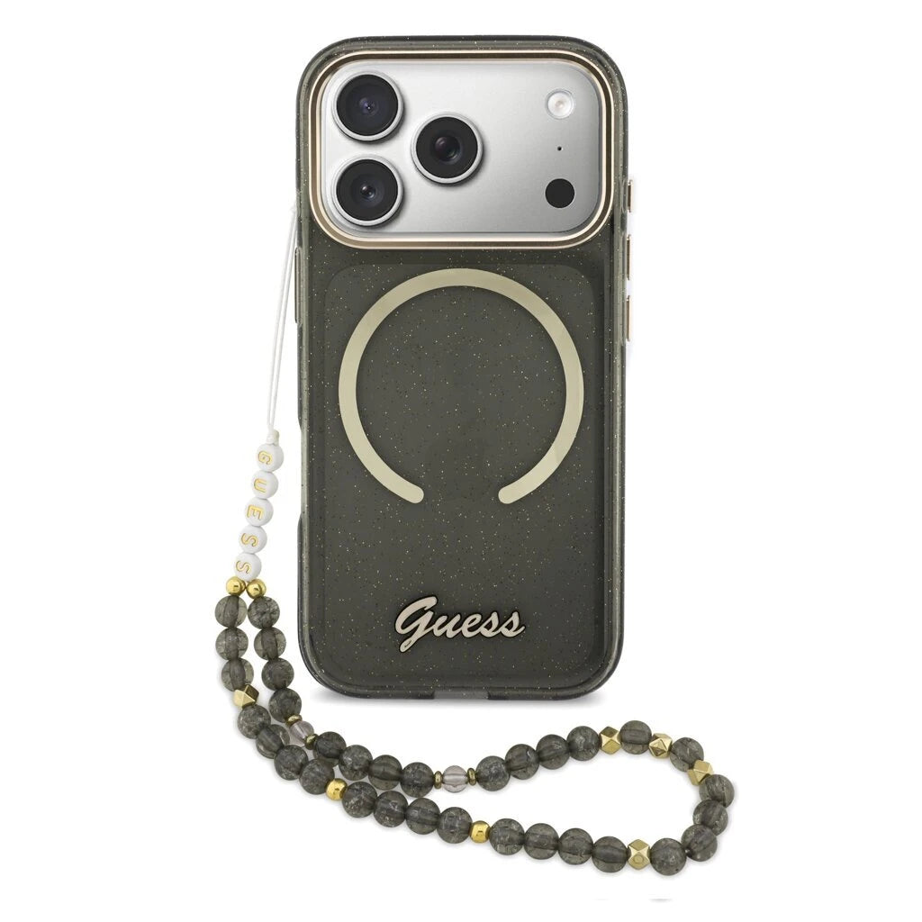 Guess IML Glitter Script Strap MagSafe tok iPhone 17 Pro készülékhez fekete - iPhone 17 Pro tok a Domshop kínálatából