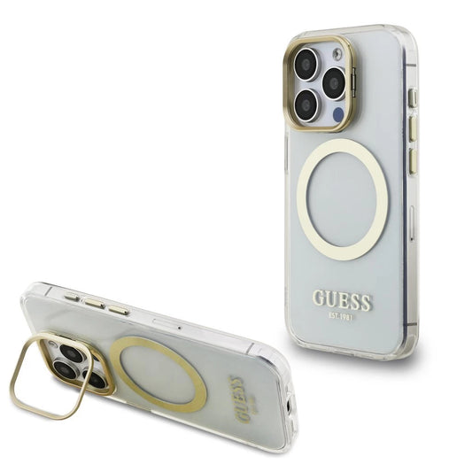 Guess IML Gold Outline Stand Camera Frame MagSafe tok iPhone 15 Pro Max készülékhez átlátszó - iPhone 15 Pro Max tok a Domshop kínálatából
