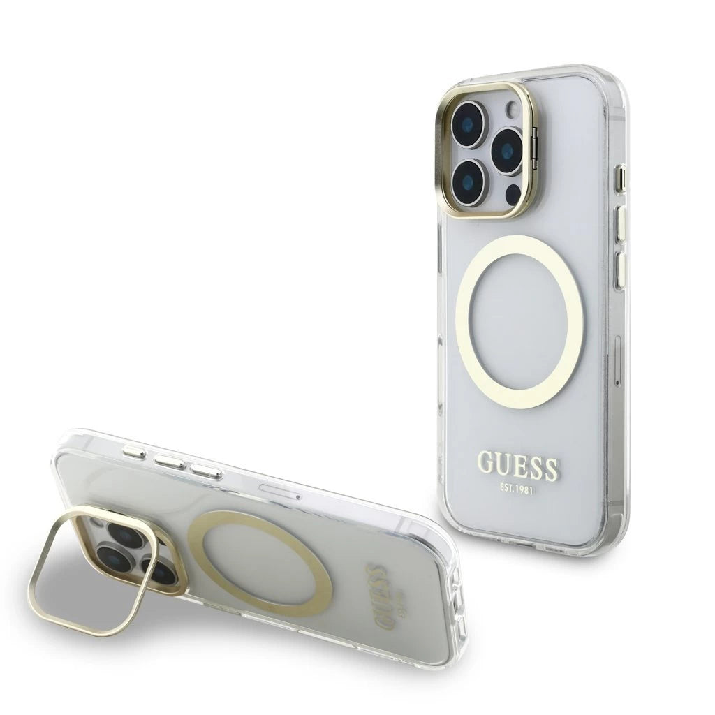 Guess IML Gold Outline Stand Camera Frame MagSafe tok iPhone 16 Pro készülékhez átlátszó - iPhone 16 Pro tok a Domshop kínálatából