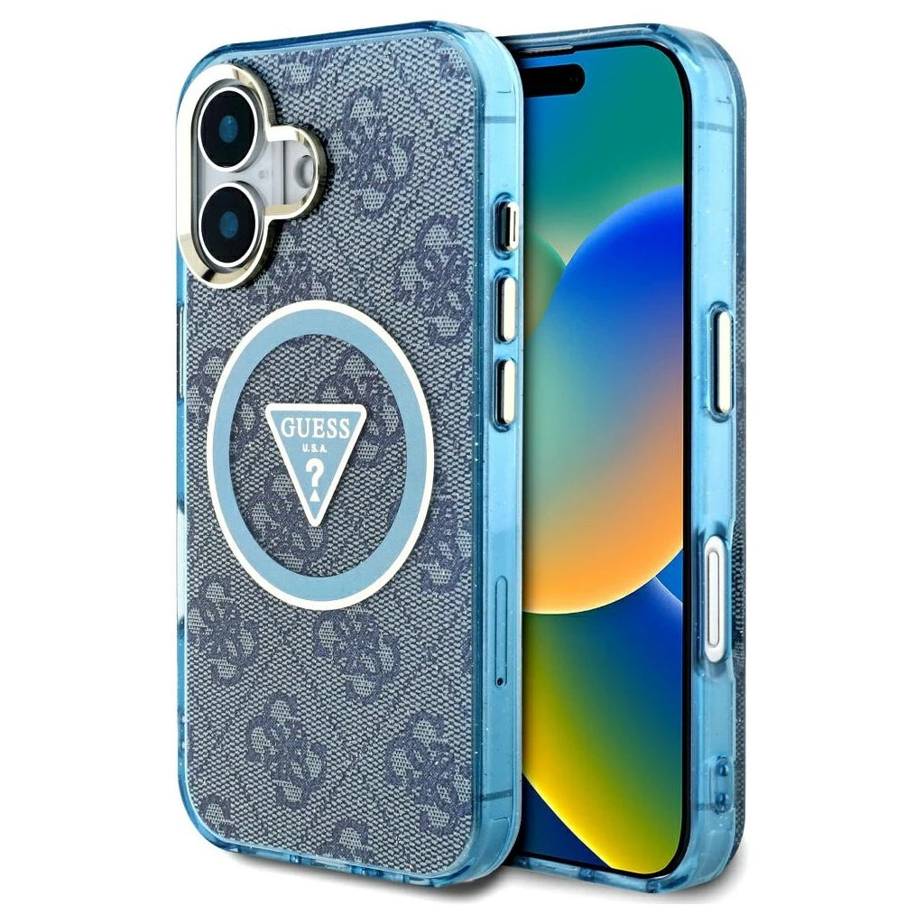 Guess IML Metal Glitter 4G Circle Triangle MagSafe tok iPhone 16 készülékhez kék - iPhone 16 tok a Domshop kínálatából