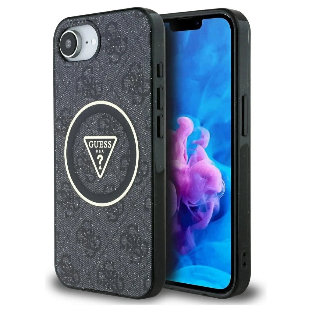 Guess IML Metal Glitter 4G Circle Triangle MagSafe tok iPhone 16e készülékhez fekete - iPhone 16e tok a Domshop kínálatából