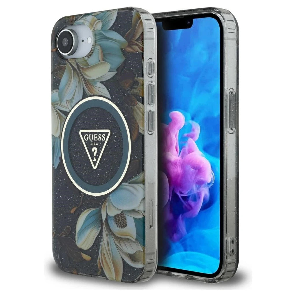 Guess IML Metal Glitter Flowers Triangle MagSafe tok iPhone 16e készülékhez fekete - iPhone 16e tok a Domshop kínálatából