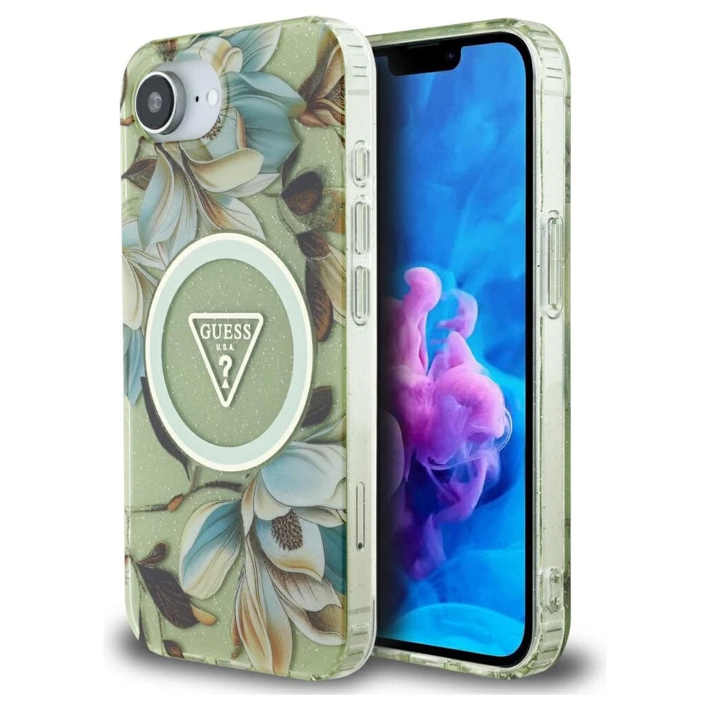 Guess IML Metal Glitter Flowers Triangle MagSafe tok iPhone 16e készülékhez zöld - iPhone 16e tok a Domshop kínálatából